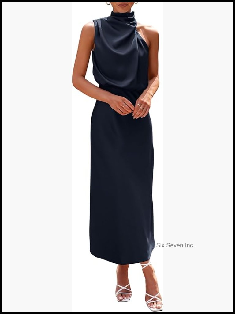 Women's Satin Midi Dress Sleeveless Mock Neck Cocktail Party Maxi